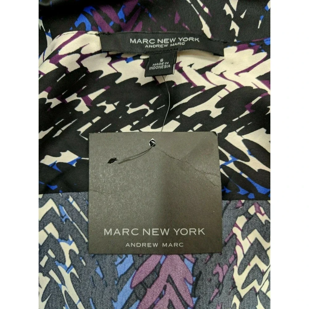 MARC NEW YORK Black Purple Blue Print Faux Wrap Blouse Hi Low Hem Size Small NWT - Picture 7 of 8